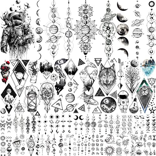 33 Sheets Outer Space Temporary Tattoos for Kids Boys Girl Women Men Adults Children, Geometry Astronaut Universe Fake Tattoo Star Moon Solar Syetem