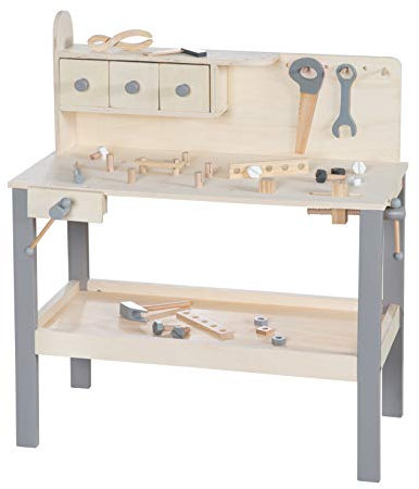 roba Werkbank, große Holzwerkbank, mit Werkzeug Set, großer Arbeitsplatte, Ablage, 3 Schubfächern, 97210GA, grau