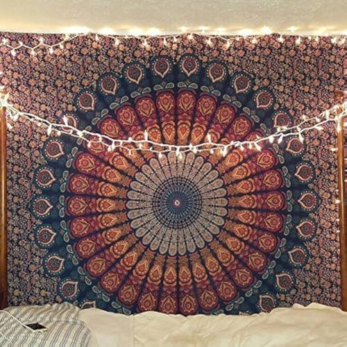 Bless International Indian hippie Bohemian Psychedelic Peacock Mandala Wall hanging Bedding Tapestry (Golden Blue, 101.60L X 76.20W cm)