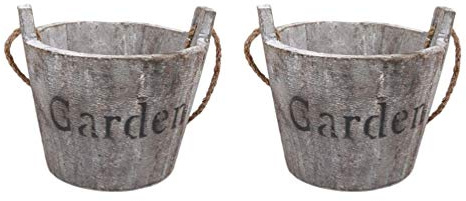 Hemoton Wooden Barrel Planter 2Pcs Set Rustic Bucket Flower Pot Decoration with Handle for Indoor Outdoor Succulent Plants