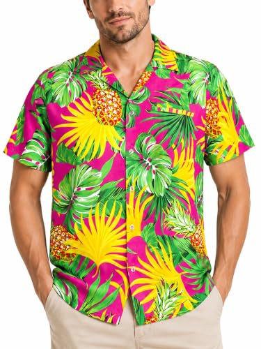 King Kameha Funky Chemise-Hawaienne, Manche-Courte, Pineapple-Leaves, Rose, M