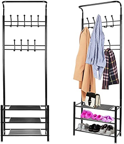 ISO TRADE Garderobenständer Kleiderständer mit Schuhregal 3 Ablagen mit 18 Hakenaus Schwarz 65x29 x192cm 15744