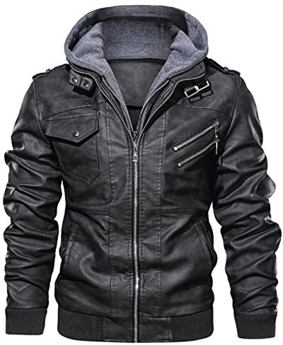 Veste de Moto en Similicuir Homme Blouson Classique avec Capuche Gris M