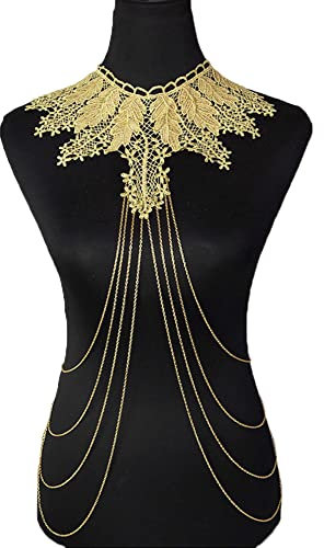 Herbests Damen Gold Körperkette Spitze Mehrschichtig Quaste Halskette Bikini Body Kette Crossover BH Kette Strand Brustkette Schmuck Body Chain für Frauen Party Halloween Rave Kostüm