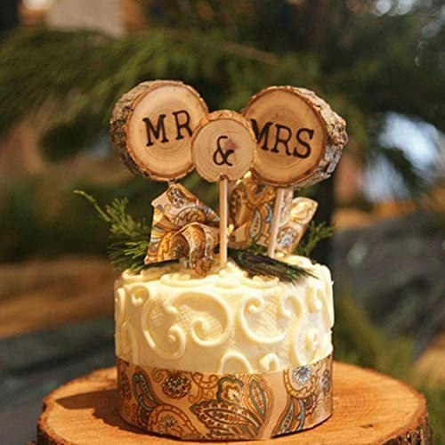 3 Pcs Mr&Mrs Toppers Natural Wood Cake Decoration Chic Rustic Wedding Mr Mrs Letter for Couple Sweetheart Party Anniversary Birthday