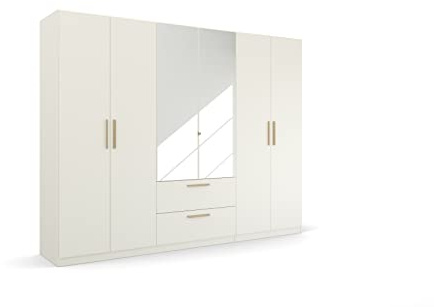Rauch Möbel Quadra-Spin SKANDI, Kleiderschrank, Farbe Weiß, Breite 271 cm | Schrank im Skandi Stil, 6-türig, Spiegel, 2 Schubladen, für Schlafzimmer, Kinderzimmer, Studentenwohnung, Garderobe