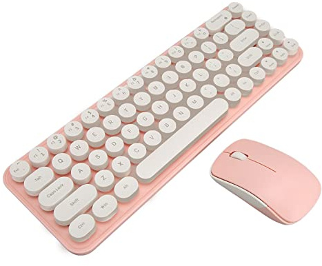 Bewinner Retro Wireless Keyboard and Mouse Combo - 68 Keys Portable Typewriter with USB Receiver, Silent Mouse Set for Home, Office, Gift (White Pink)