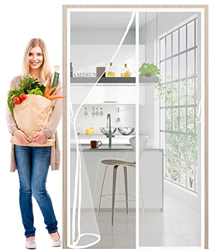 Magnetic Door Screen with Self Sealing 115x215cm White Hands Free DIY Retractable Garage Door Window Screen Keep Away from Mosquitoes Let Fresh Air in