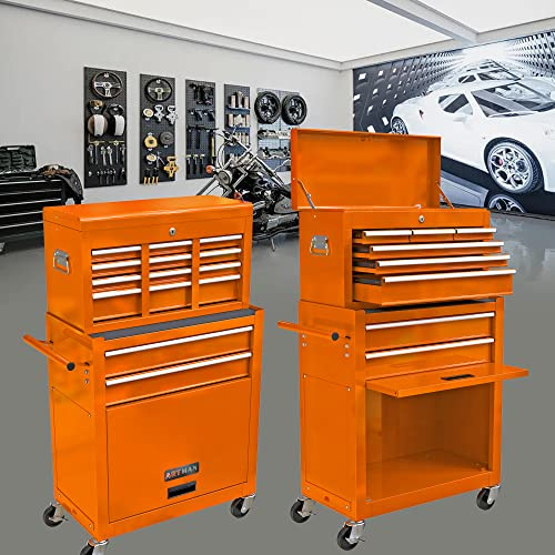 Nicemoods Rolling Garage Workshop Tool Chest Cabinet with 8 Drawers Detachable Metal Tool Box Organizer High Capacity Tool Storage Cabinet Trolley with Locking System and Swivel 4 Wheels (Orange)