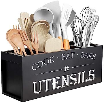 Suli Upgrade Extra Large Kitchen Utensils Holder with 4 Compartments, Wooden Utensil Organizer for Kitchen Countertop, Farmhouse Decor, Rustic Cooking Utensil - Black