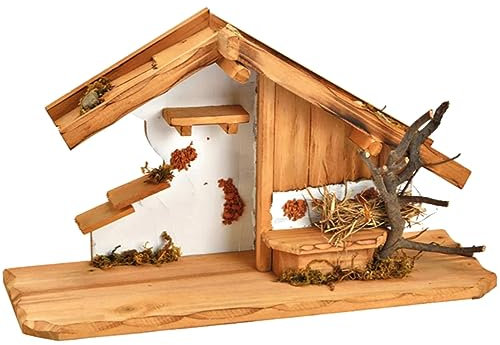 Weihnachtskrippe Krippenstall mit schönen Details aus Kiefernholz 42 cm handgefertigte Krippendeko für Weihnachtsdorf oder Wohnzimmer Holzkrippe traditionelle Weihnachtsdekoration Geschenkidee