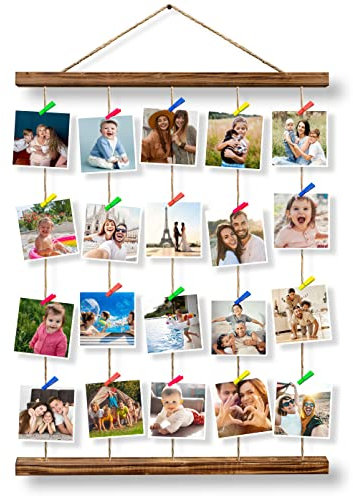 SIABELLE® Cadre photo en bois avec lumières LED, cadre photo à suspendre pour décoration murale, cadres de collage photo mural, organisateur de photos multiples – (60 x 45 cm)