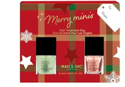 Nails Inc Limited Edition Merry Minis Nail Treatment Duo, Quick Drying Top Coat, Mini Base Coat, Retinol Enriched, Festive Present, Stocking Stuffer, Cruelty Free, Vegan, 2 Piece Gift Set