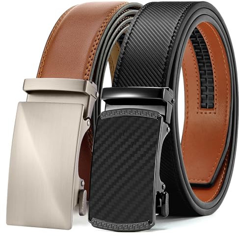 YOETEY Automatik Gürtel Herren 2 Stücke, Ledergürtel Herren Ratsche Automatikschließe für Herren 35mm Business Anzug, Herrengürtel Stufenlos Verstellbar mit Geschenkbox