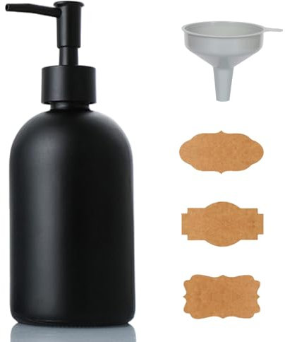 Seifenspender Schwarz, Seifenspender aus mattem Glas, nachfüllbarer Pumpseifenspender 410ml mit Trichter und Etikett, für Handseifen, Hand- und Körperlotionen, Shampoos, Waschmittel