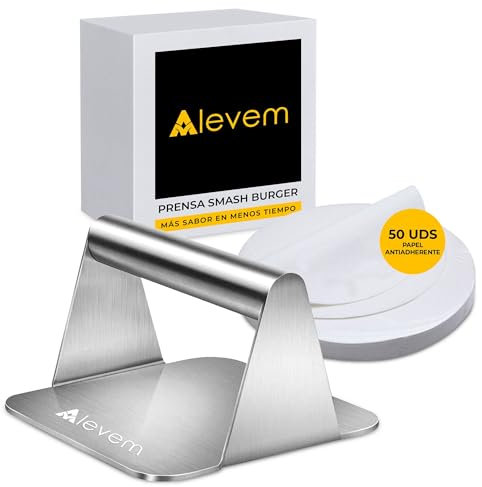 Alevem Smash Burger Smasher Smasher en acier inoxydable 304 | Presse à hamburgers avec papier hamburger antiadhésif 20 pièces | Presse hamburger Smash et cuit en 3 minutes