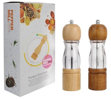 2pcs Salt and Pepper Grinder, Wooden Salt and Pepper Mill with Adjustable Coarseness Ceramic Core Manual Salt Grinders with Acrylic Window Refillable Spice Shaker for Sea Salt/Chili/Sesame