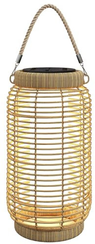 Outsunny Linterna de Jardín de Ratán Farola Solar de Exterior con Panel Solar Luces LED Encendido y Apagado Automático para Interior y Exterior Ø18x37 cm Arena