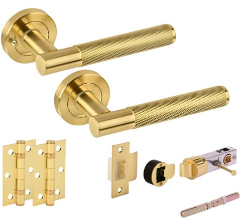 Hunta HANDLEZONE® Evo Knurled Grip Bullet Privacy Door Handle Pack, Complete with Lever Handles, Round Latch, 75mm Ball Bearing Hinges - Satin Brass