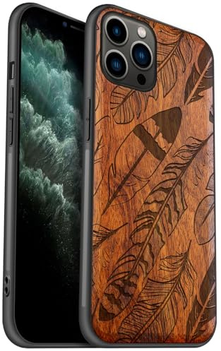 Carveit Coque en Bois pour iPhone 11 Pro Étui Protection Artistique Cover TPU Souple de téléphone Antichoc Compatible avec Apple 11 Pro Etui (Rosé-Tableau à Plumes)