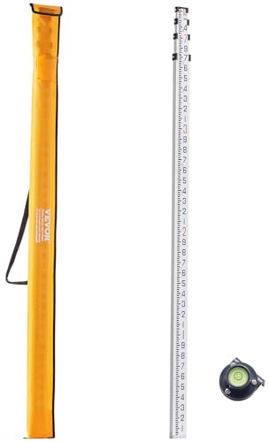 VEVOR Aluminum Grade 14-Feet 6 Sections Telescopic Measuring Rod, Double-Sided Scale 1/10 ft Leveling Rod with Bubble Level & Carrying Bag for Houses, Walls, Floors