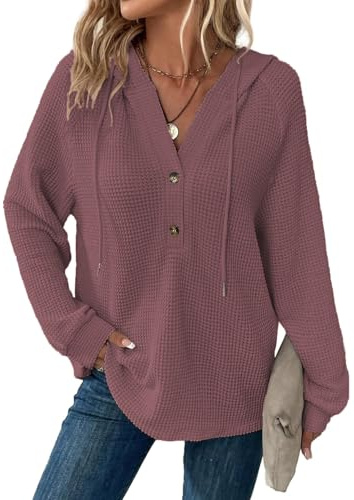 Cuptacc Huvtröja för damer, med våffelstruktur, ledig hoodie med knappslå, v-ringad sweatshirt med dragsko. långärmad damtröja med huva, Mörkrosa, L