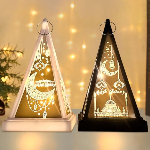 Hekasvm 2 Stück Ramadan Deko Laterne, Ramadan Dekoration LED Pyramide Lichter Ramadan Deko Tisch Muslim Islam Eid Ramadan Festival Dekorationen, Ramadan Geschenke (WeißA+SchwarzA)