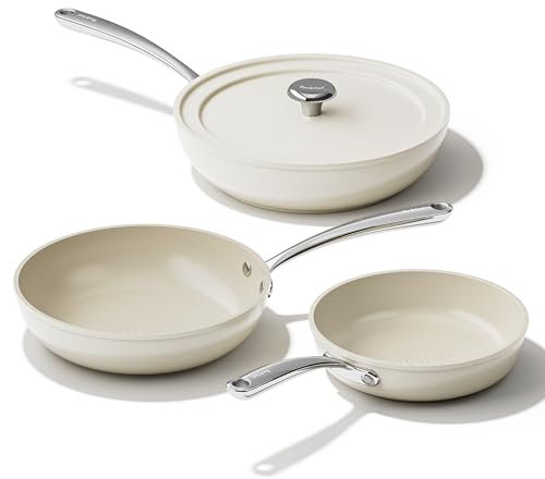 Redchef Lot de poêles à frire en céramique et aluminium avec revêtement en céramique antiadhésives et à induction 20/24/28 cm pour tous les types de plaques de cuisson, sans PTFE, sans PFOA, Beige