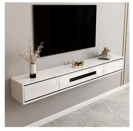 Banc TV Meuble TV Flottant avec Rangement, Console TV Murale Moderne for sous la TV, Console multimédia Flottante en Bois d'hévéa for Chambre à Coucher, Salon Meuble TV(Blanc,180cm)