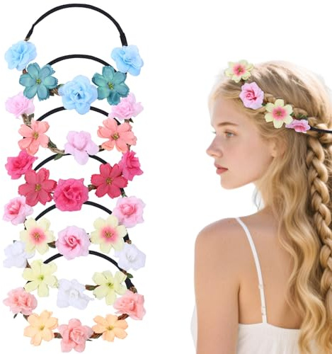 Juego de 6 coronas de flores, accesorios para el pelo para niñas para bodas, comuniones y fiestas, accesorios JGA para mujeres, accesorios elásticos para el pelo con flores, diadema para festivales y