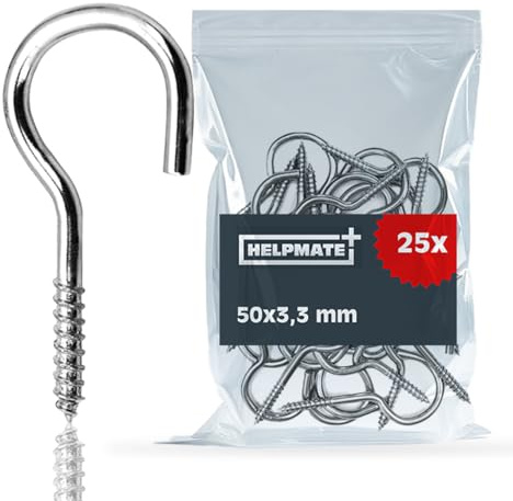 HELPMATE – Schraubhaken gebogen 50x3,3x18x13 mm – 25 Stück | Stahl galvanisch verzinkt – Haken für die Wand- oder Deckenmontage