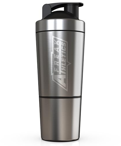 Freak Athletics Shaker de protéines | Shaker de protéines en acier inoxydable de 700 ml avec boule de mélange métallique | Shaker protéiné sans BPA avec boule de mélange métallique, 2 compartiments de rangement, léger avec couvercle rabattable