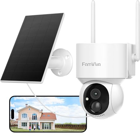 FAMVIVA 2K Solar Security Cameras Wireless Outdoor, 360°PTZ Battery Powered Cameras for Home Security, 2.4G WiFi Outdoor Camera with Color Night Vision, IP66 Waterproof, Motion Sensor Alarm, White