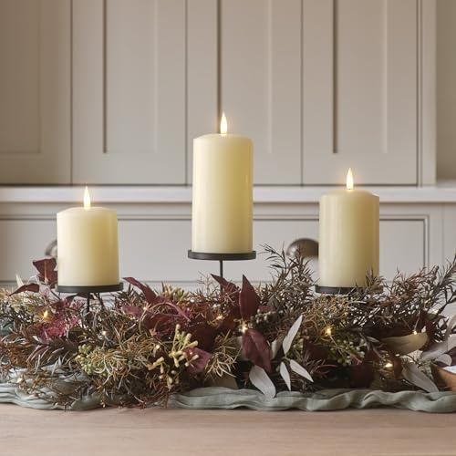 Lights4Fun Bougeoirs pour Trois Bougies – Automne-Hiver avec Base en Branches Naturelles et Trois Plateformes Métalliques – Centre de Table Décoratif Halloween – Élégance Saisonnière – 70 cm