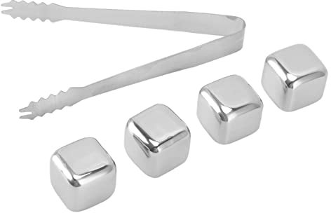 KIMISS 4pcs Cubos de Hielo de Acero Inoxidable Reutilizable - Piedras de Relajamiento de Bebidas para Whisky, Bebidas y Enfriamiento - Incluye Tinga de Hielo y Caja de Almacenamiento (4 Piezas con