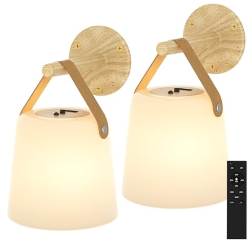 TACAHE Rechargeable Wall Sconce - Plastic Frosted Lampshade - 3 Color Temp & 5 Brightness - Remote Control - 5000 mAh Battery Operated - Cordless Wall Lamp for Camper, RV - Set of 2 (Wood Color) | 3 Color Temp & 5 Brightness - Remote Control - 5000 mAh Battery Operated - Cordless Wall Lamp for Camper, RV