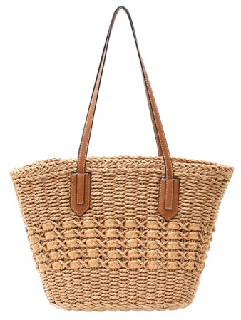 NICOLE & DORIS Groß Strandtasche Damen Stroh Handtasche mit Reißverschluss Shopper Schultertasche Sommer Tote Bag Basttasche Gewebt Einkaufstasche für Reisen Urlaub Freizeit Khaki