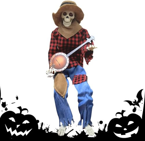 Halloween-Skelette im Freien, animiertes Banjo-Spiel-Skelett, Gelenk, verstellbare Musikrequisite für Urlaub, Party, Herbst, Spukhaus, Rasen, Hof