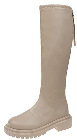 Dam knähöga stövlar med bred vad, läderstövlar med klack för kvinnor, enfärgad halkfri med blockklack stövlar varma runda långa raka tjocka damstövlar, Beige, 40 EU