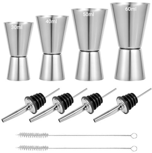 Set de 4 Doseurs à Cocktail en Acier Inoxydable, 3cl/4cl/5cl/6cl Double Tasse à Mesurer avec 4 Becs Verseurs et 2 Brosses, Mesure Jigger pour Bar, Maison, Fête et Shaker Gin