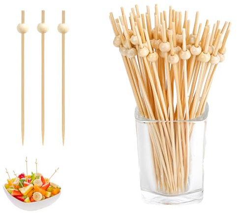 Sekfpnk100 träspett, 12 cm fingermat med träpärlor, cocktailtillbehör, lämplig för cocktailfester, fester, bufféer, sammankomster och andra tillfällen