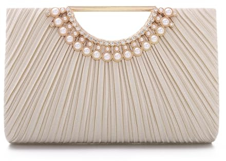 OPLERT Damen Abendtasche Plissee Clutch mit Perlengarnitur am Metallgriff und Kette für Hochzeit Party