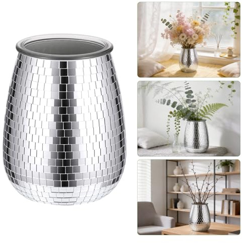 Yimomoyi Pot de Fleurs en Forme de Boule Discothèque, Argent Pot de Fleurs Disco, Décoration en Verre Miroir pour Centres de Table, Fête, Bar, Bureau, Cuisine, 5.91X4.53X3.54IN