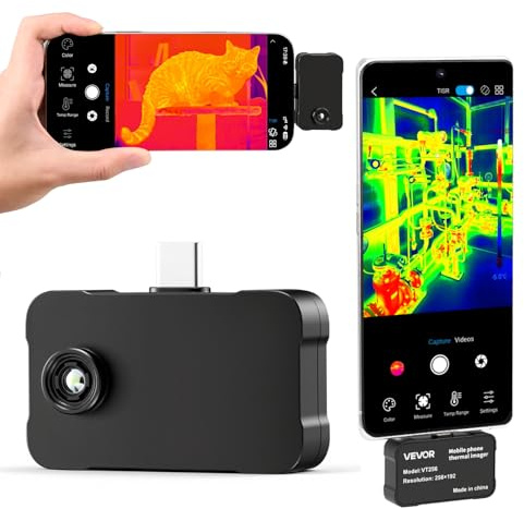 VEVOR Caméra Thermique pour Android et iOS Super Résolution TISR 512x384 Imageur Thermique Infrarouge Résolution 256x192 pour Smartphone et Tablette, 25 Hz, -20 °C à 550 °C, avec 6 Palettes Couleurs