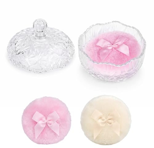 Bafutayawa Powder Puff, Ensemble de houppettes avec 3 houppettes et poudrier transparent, Houppe en velours moelleuse réutilisable pour maquillage du visage et du corps