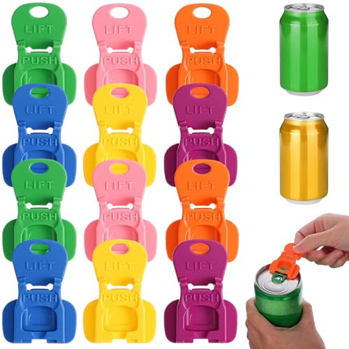 RVYEIOP Abrelatas Manual Pack de 12, Abridor de Latas de Refresco y Abre Botes de Anilla, Protector de Uñas para Niños y Mayores, 6 Colores Variados, Portátil y Compacto para Cocina y Picnic
