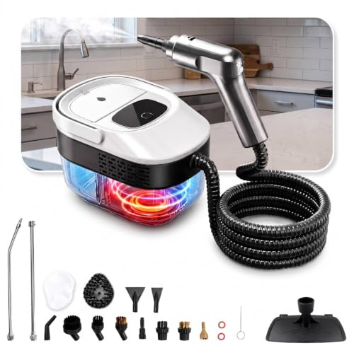 Julymoda Pulitore a Vapore Portatile 2500W con Serbatoio 1.6L, Pistola a Vapore 3 Bar 3 Livelli Regolabili con 14 Accessori per Pavimenti Cucina Divano Auto Vetri