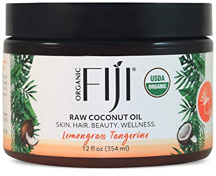 Organic Fiji Raw Cold Pressed Coconut Oil for Hair, Skin, Face & Body | Relaxing Massage Oil | Lemongrass Tangerine,12 oz for Women Men & Baby