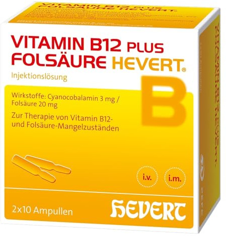 Vitamin B12 plus Folsäure Hevert zur Therapie und Prophylaxe von Folsäure- und Vitamin B12-Mangel, 20 St. Ampullen