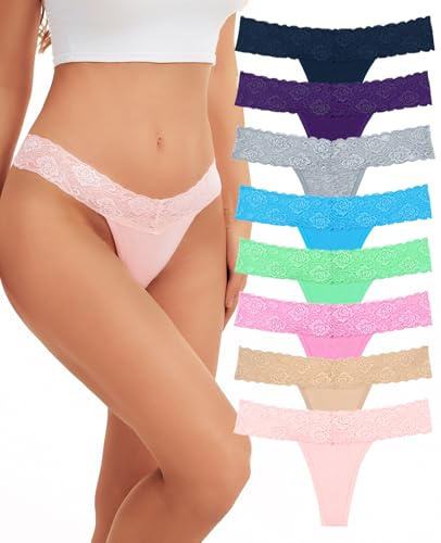 Sunm Boutique Lace Thongs for Women, Cotton Womens Underwear Pack, Sexy Low Rise T Back Cheeky Panties (8 Pack, Medium, Multicolor)